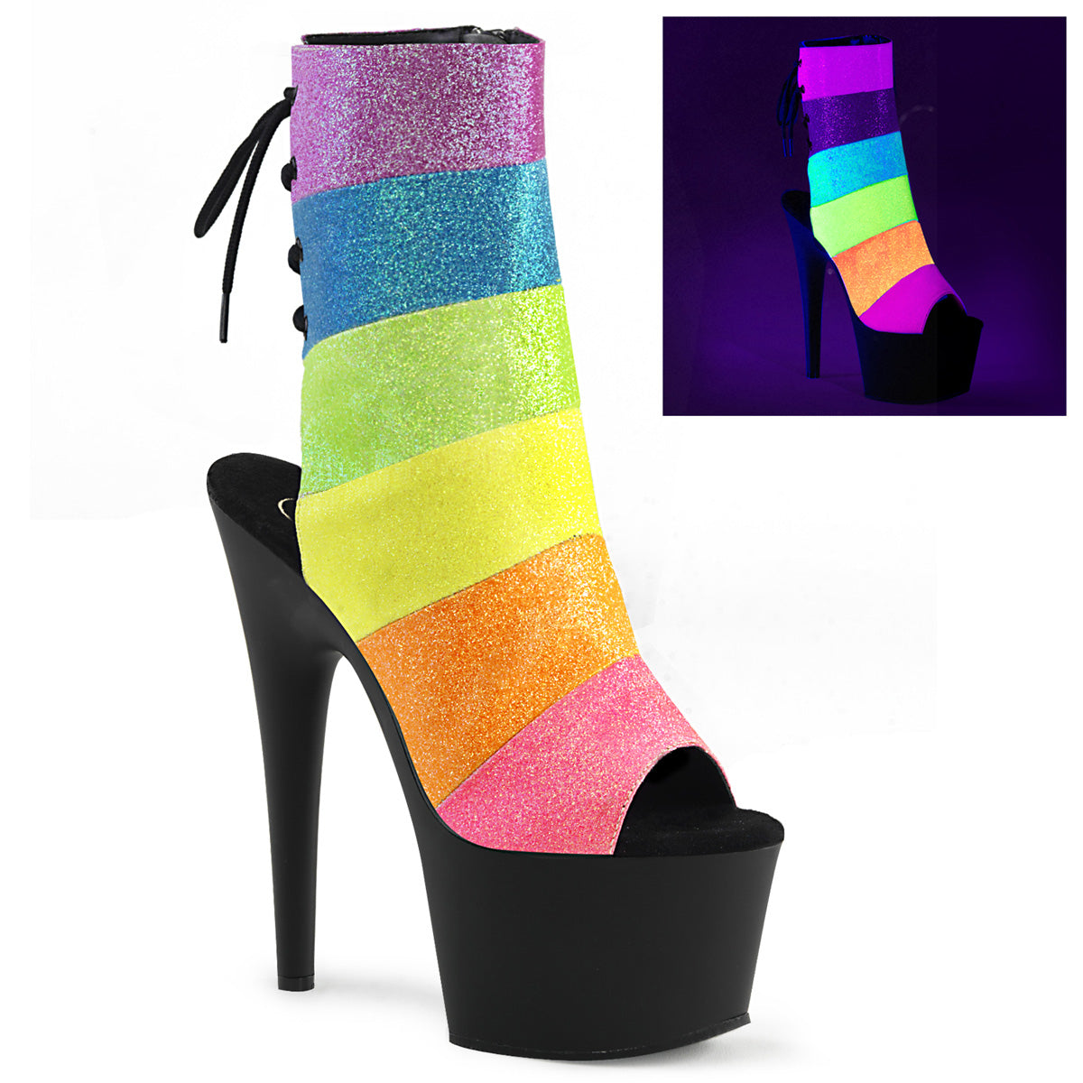 Pleaser Damen Knöchelstiefel ADORE-1018rbg. Rainbow Multi Glitter / BLK
