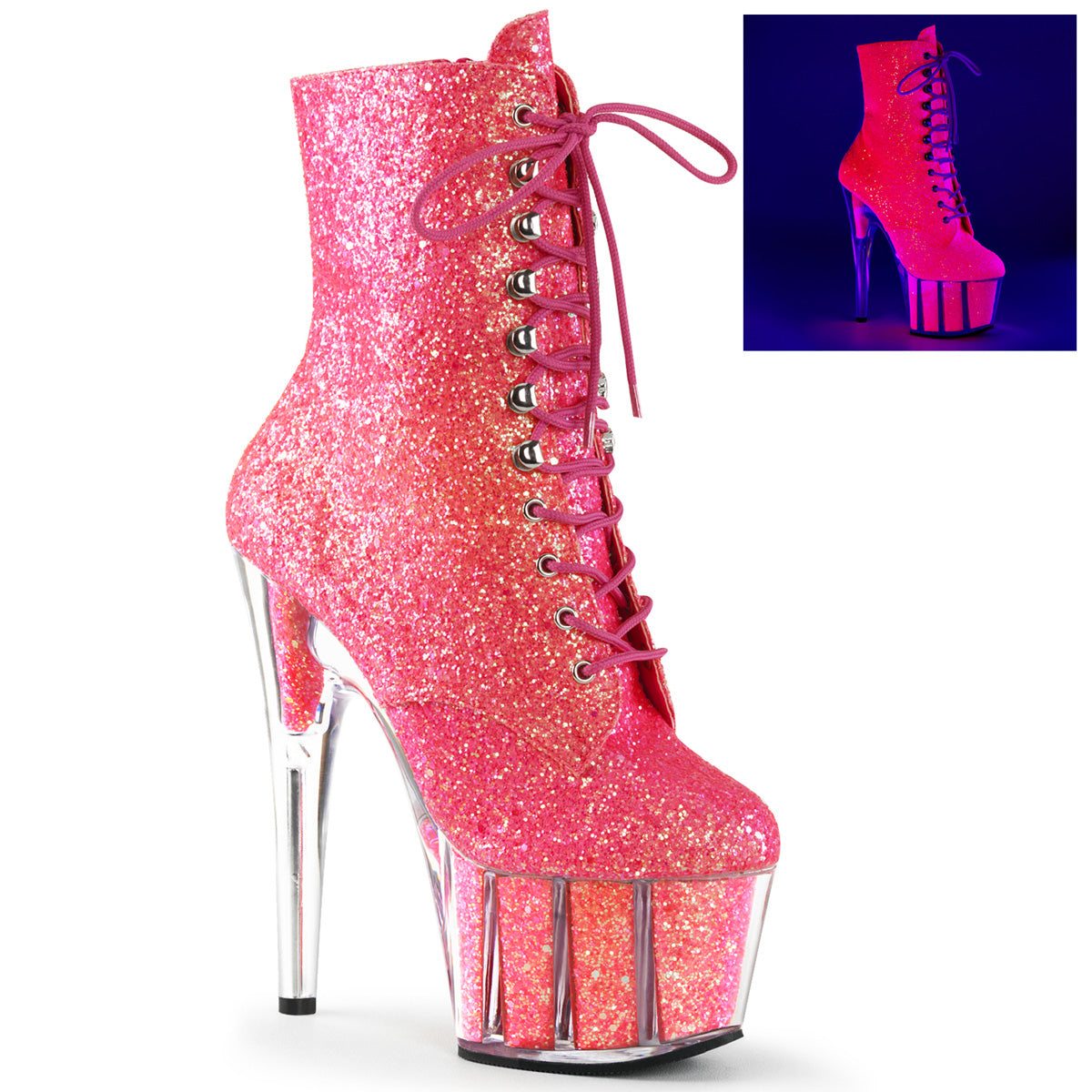 Pleaser Damen Knöchelstiefel ADORE-1020g Neon Rosa Glitter / Neon Rosa Glitter