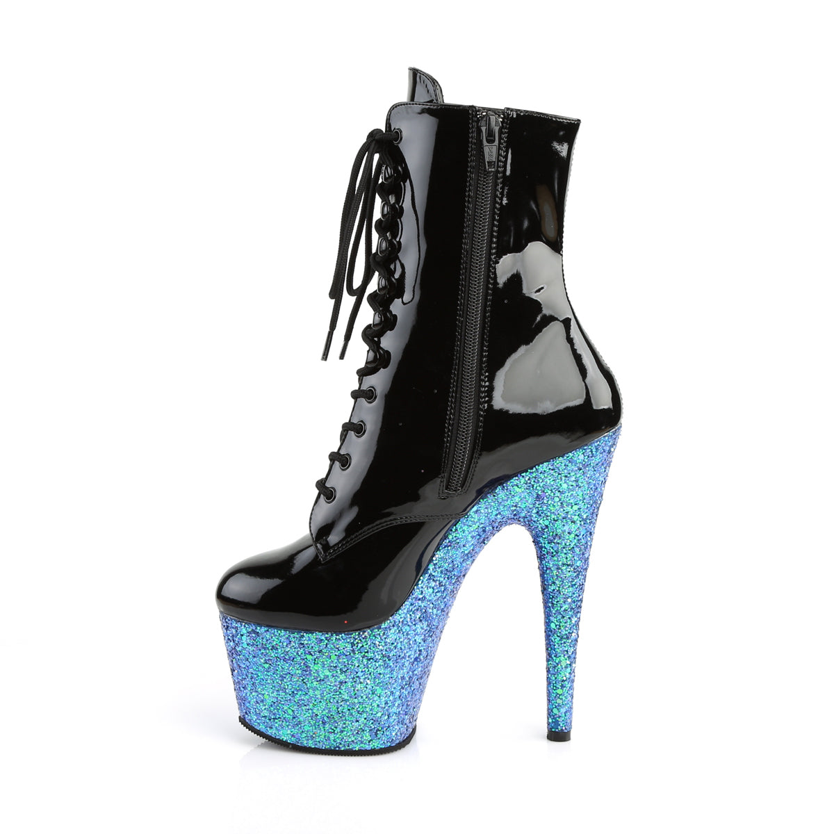Pleaser Damen Knöchelstiefel ADORE-1020LG BLK Pat / Blue Multi Glitter