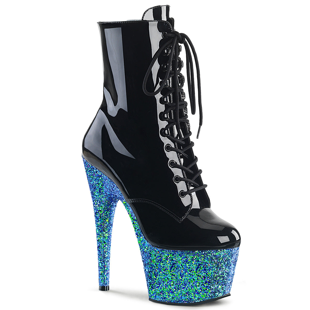 Pleaser Damen Knöchelstiefel ADORE-1020LG BLK Pat / Blue Multi Glitter