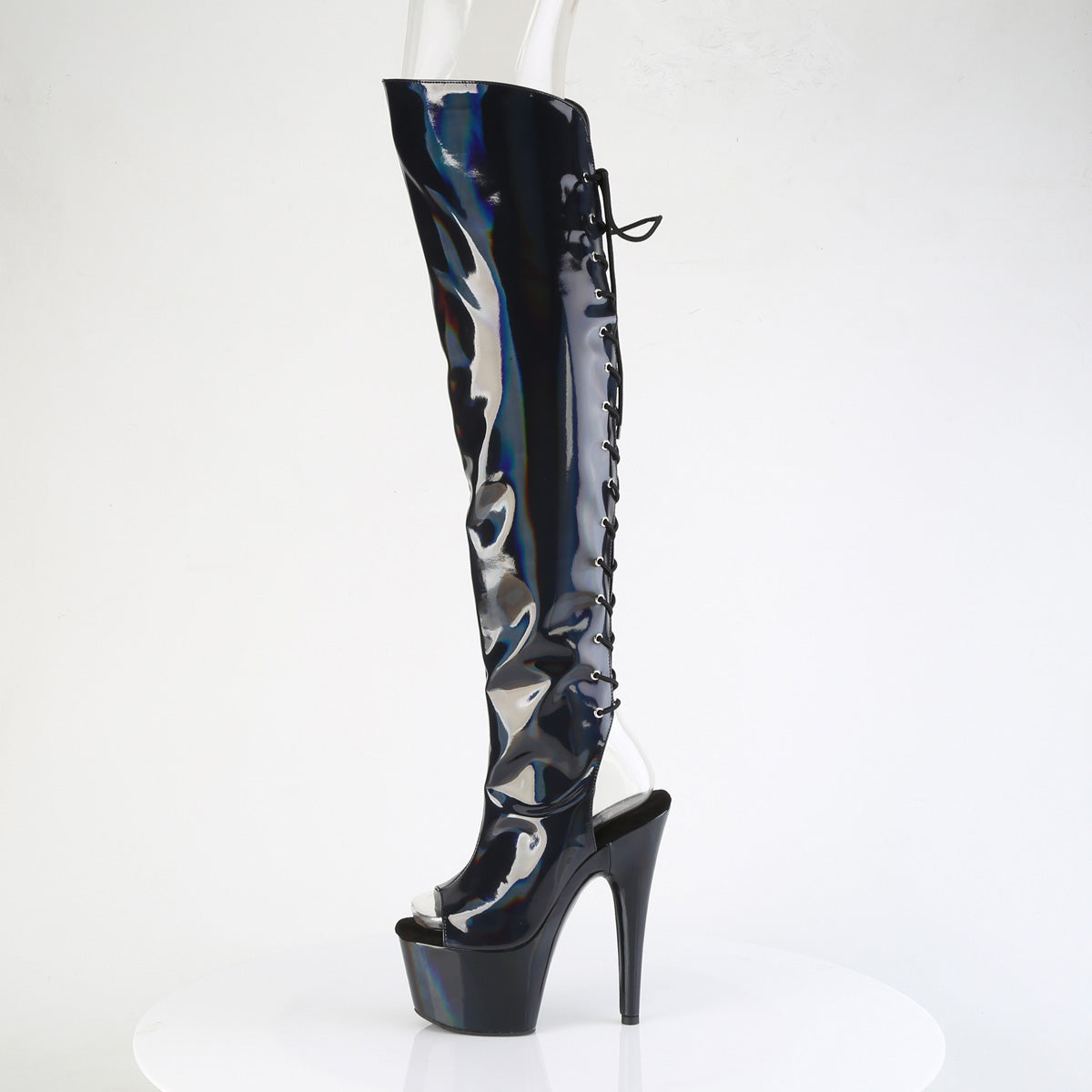 Pleaser Women's Platform Shoes ADORE-3019HWR Blk Str. Holo/Blk Holo