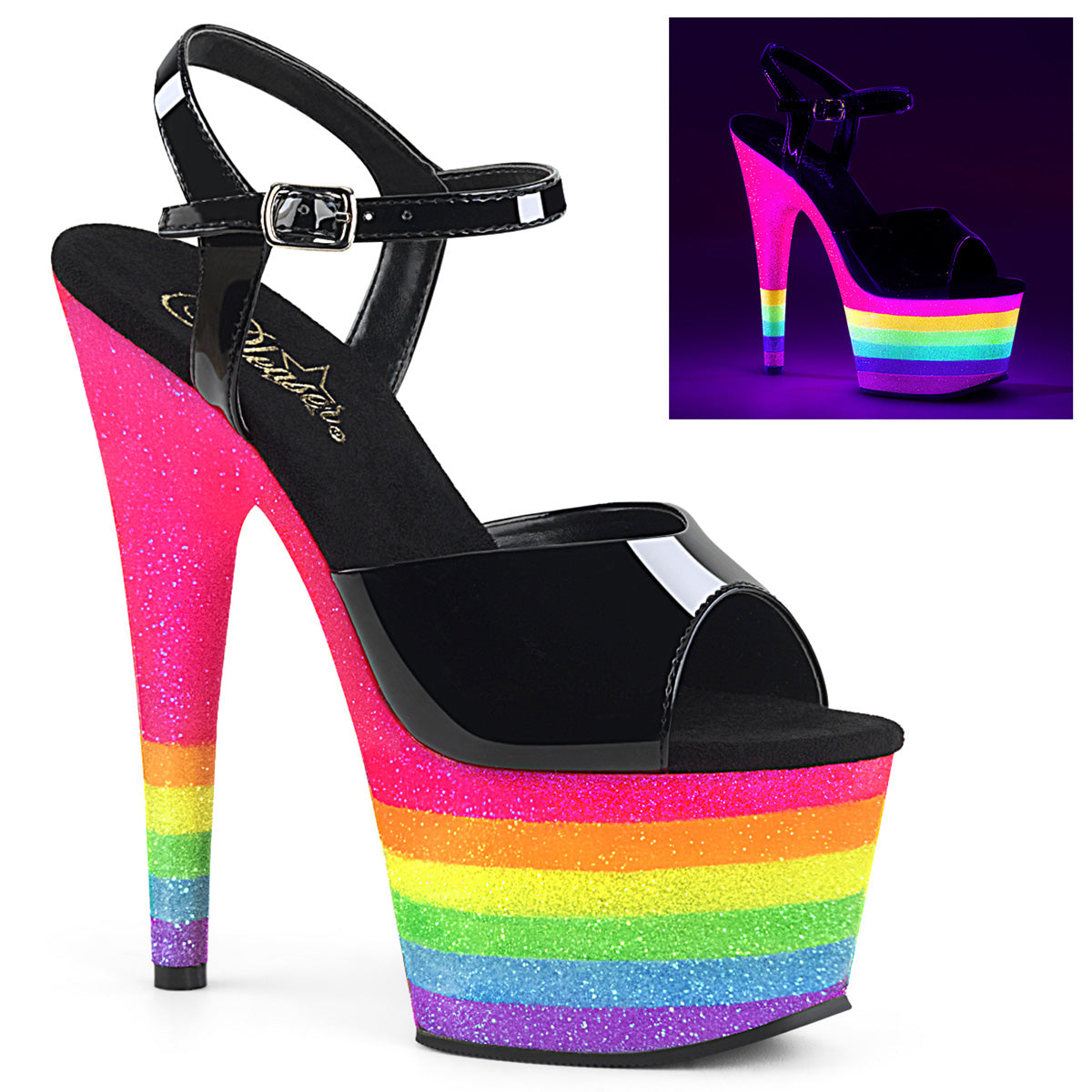 Pleaser Damen Sandalen ADORE-709UVRB BLK / Neon Rainbow Funkeln
