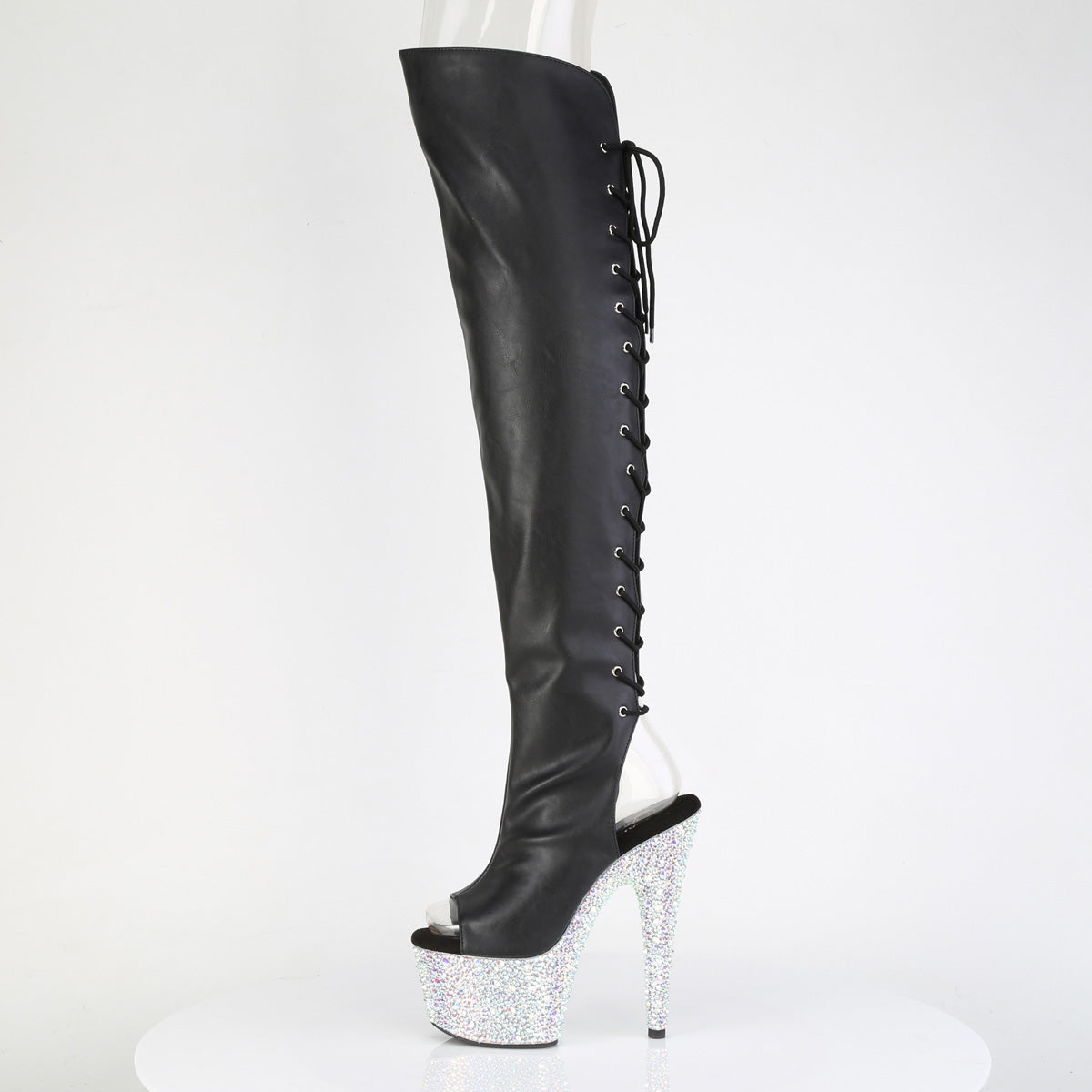 Pleaser Women's Platform Shoes BEJEWELED-3019MS-7 Blk Faux Leather/Slv AB RS