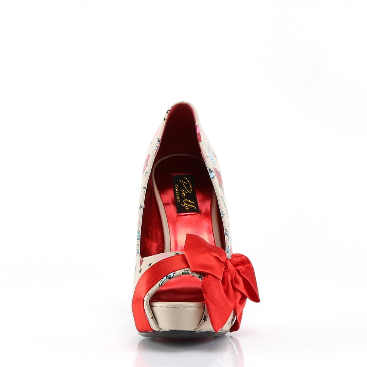 Pin Up Couture Womens BETTIE-13 Cream Pu-Red Satin (Tattoo Print)