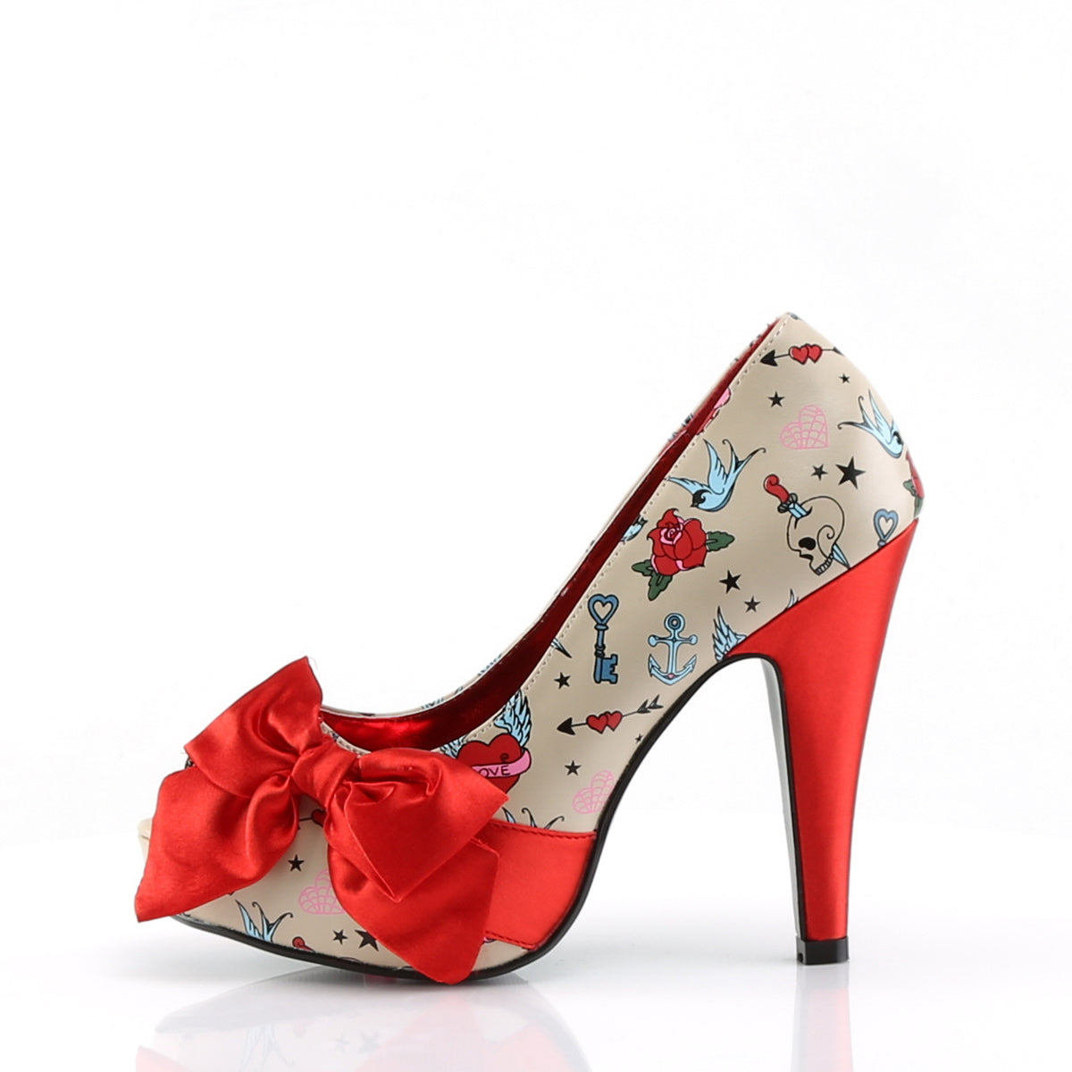 Pin Up Couture Womens BETTIE-13 Cream Pu-Red Satin (Tattoo Print)