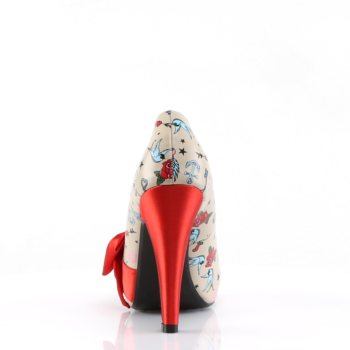 Pin Up Couture Womens BETTIE-13 Cream Pu-Red Satin (Tattoo Print)