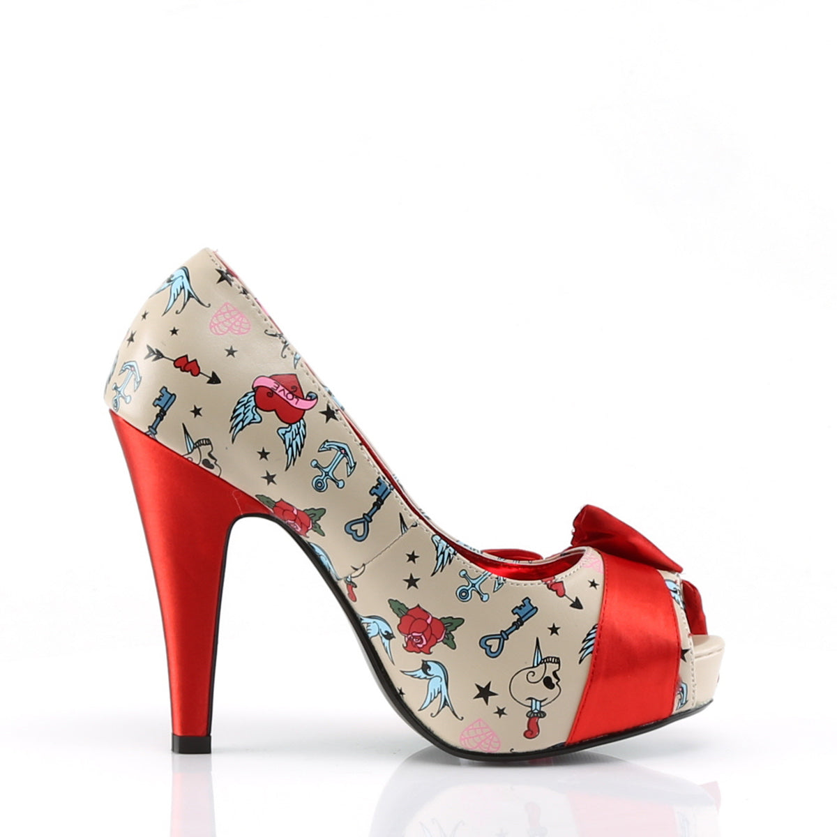 Pin Up Couture Womens BETTIE-13 Cream Pu-Red Satin (Tattoo Print)