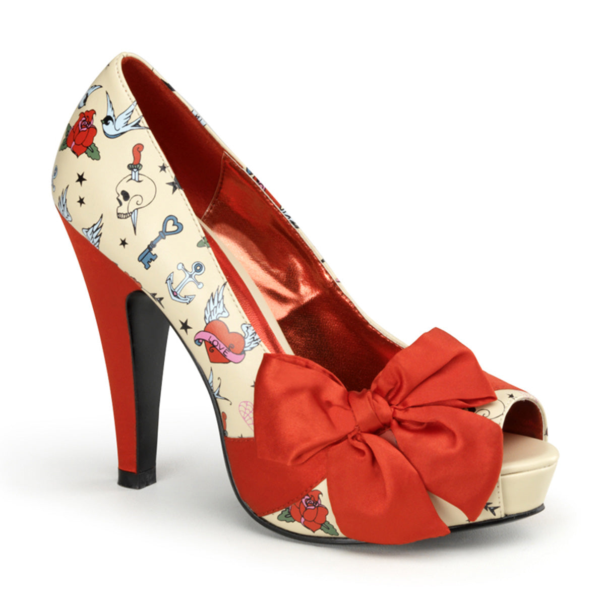 Pin Up Couture Womens BETTIE-13 Cream Pu-Red Satin (Tattoo Print)