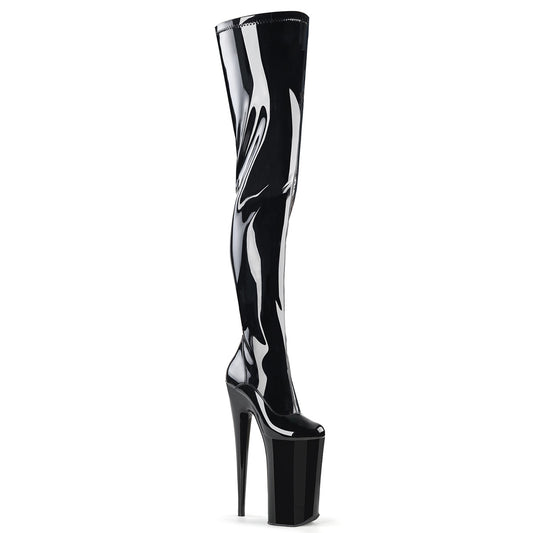 Pleaser Womens Boots. BEYOND-4000 BLK Stretch Pat / BLK