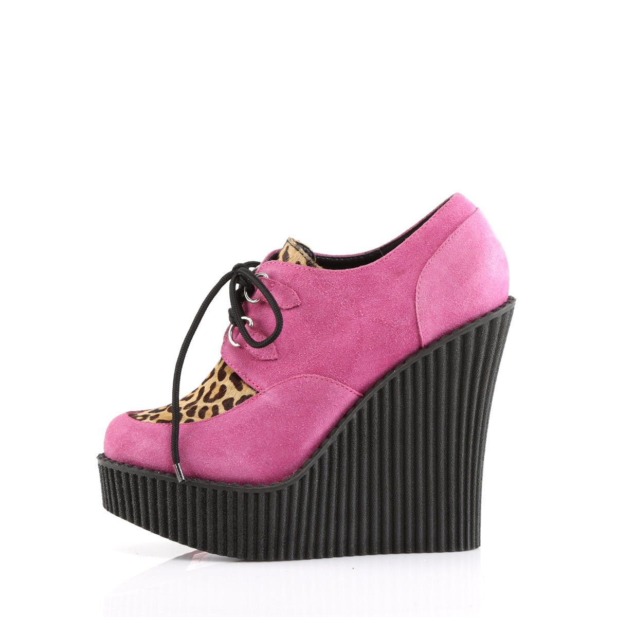 DemoniaCult Damen -Niederschuh CREEPER-304 H.Pink Veganer Wildleder-Leoparden gedrucktes Pony Haare