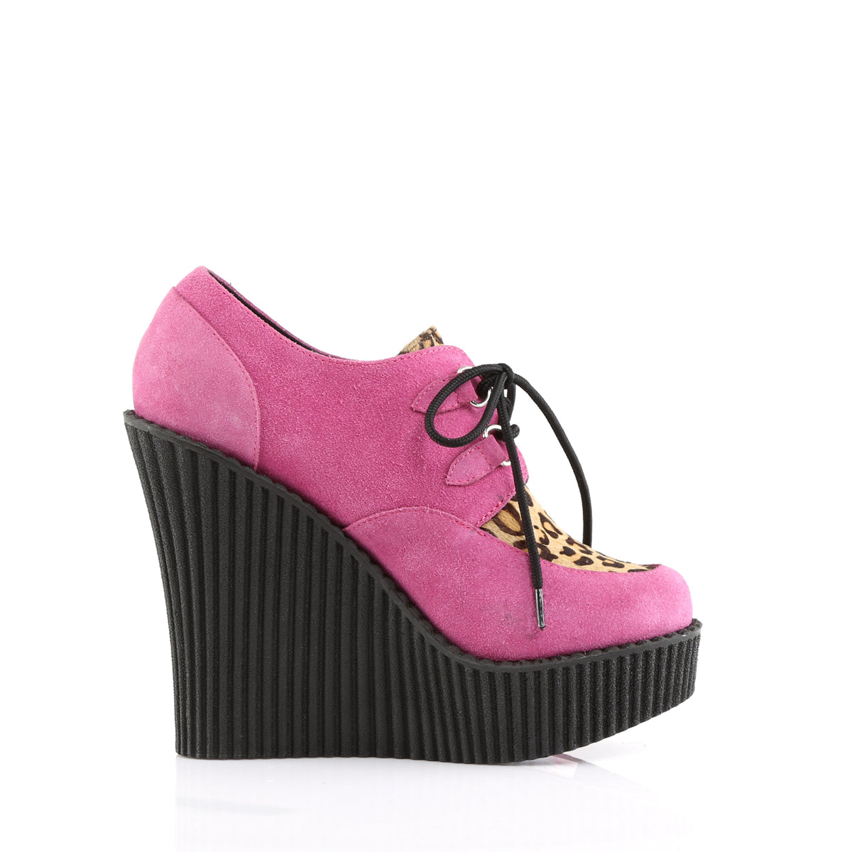 DemoniaCult Damen -Niederschuh CREEPER-304 H.Pink Veganer Wildleder-Leoparden gedrucktes Pony Haare