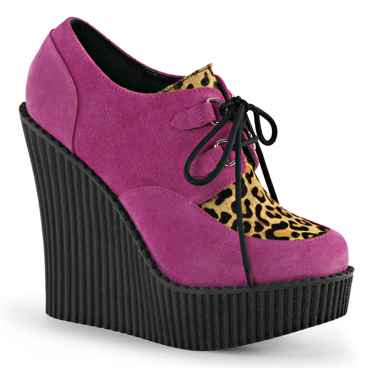 DemoniaCult Damen -Niederschuh CREEPER-304 H.Pink Veganer Wildleder-Leoparden gedrucktes Pony Haare
