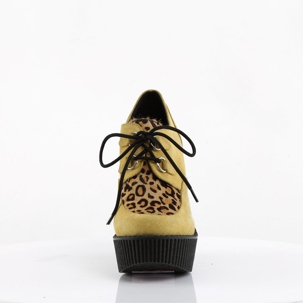 DemoniaCult Damen -Niederschuh CREEPER-304 Senf veganer Wildleder-Leopard-gedrucktes Pony-Haar