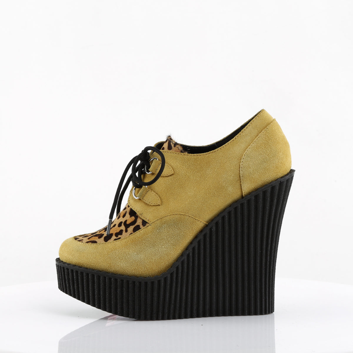 DemoniaCult Damen -Niederschuh CREEPER-304 Senf veganer Wildleder-Leopard-gedrucktes Pony-Haar
