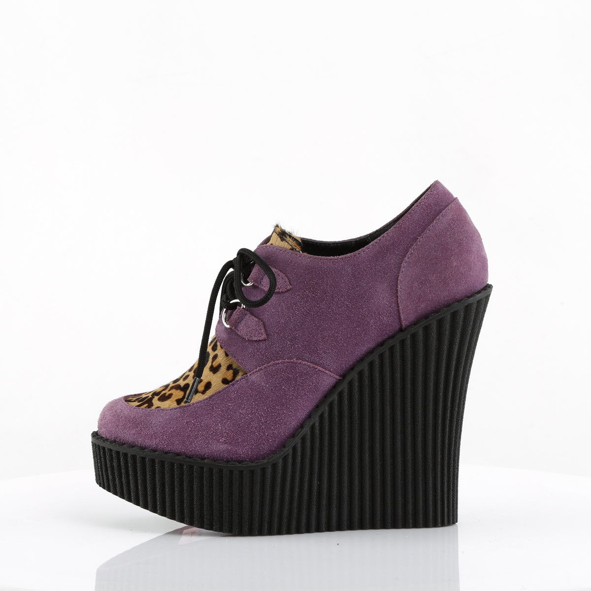 DemoniaCult Damen -Niederschuh CREEPER-304 Lila veganer Wildleder-Leoparden-Pony-Haare
