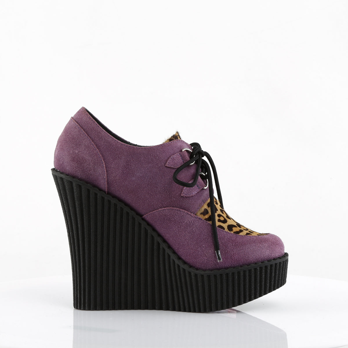 DemoniaCult Damen -Niederschuh CREEPER-304 Lila veganer Wildleder-Leoparden-Pony-Haare