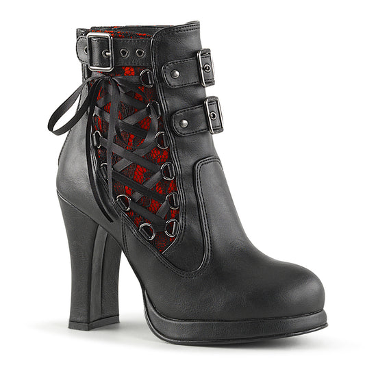 DemoniaCult Damenknöchelstiefel CRYPTO-51 BLK-rotes Spitze veganes Leder