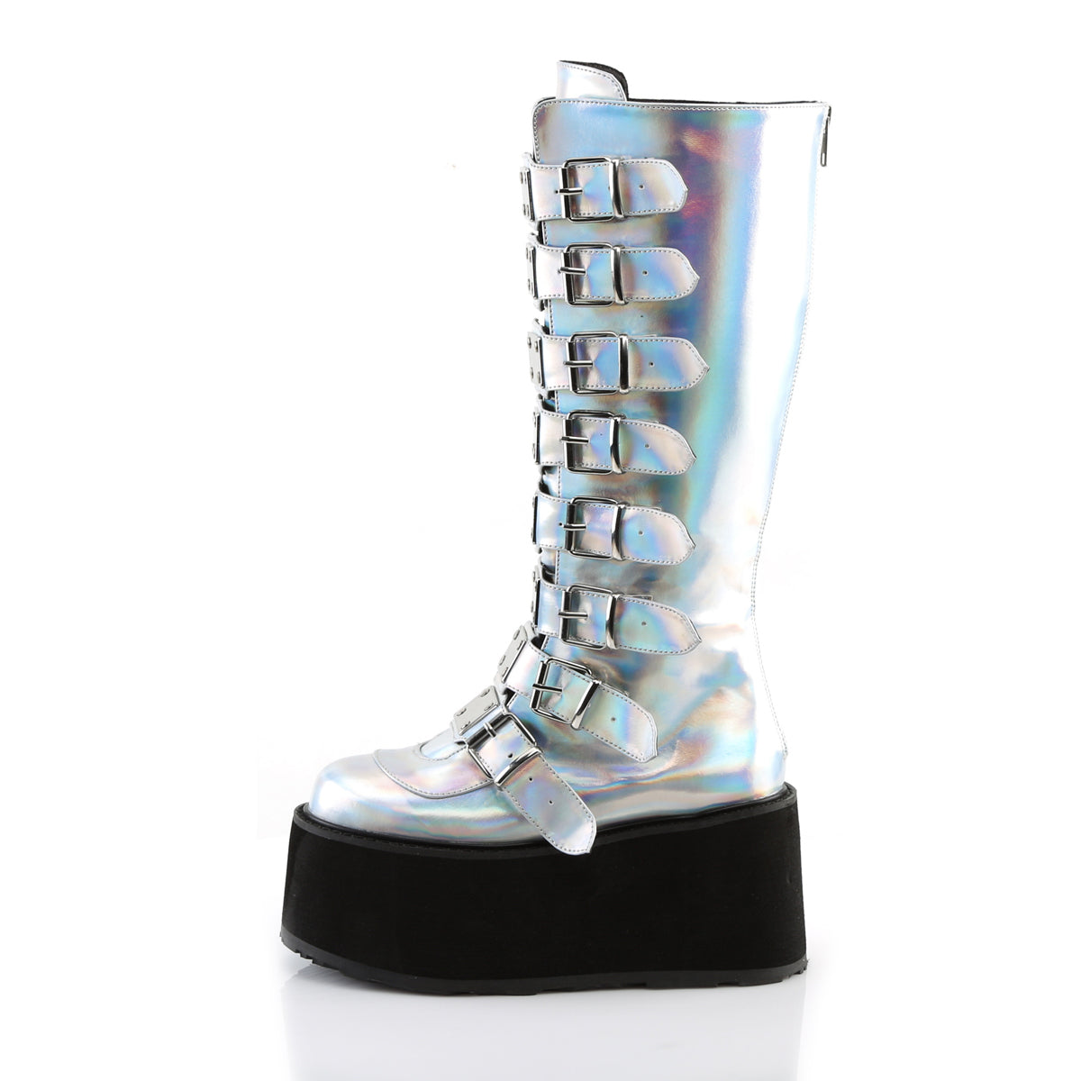 DemoniaCult Frauenstiefel DAMNED-318 Silber Hologramm veganes Leder