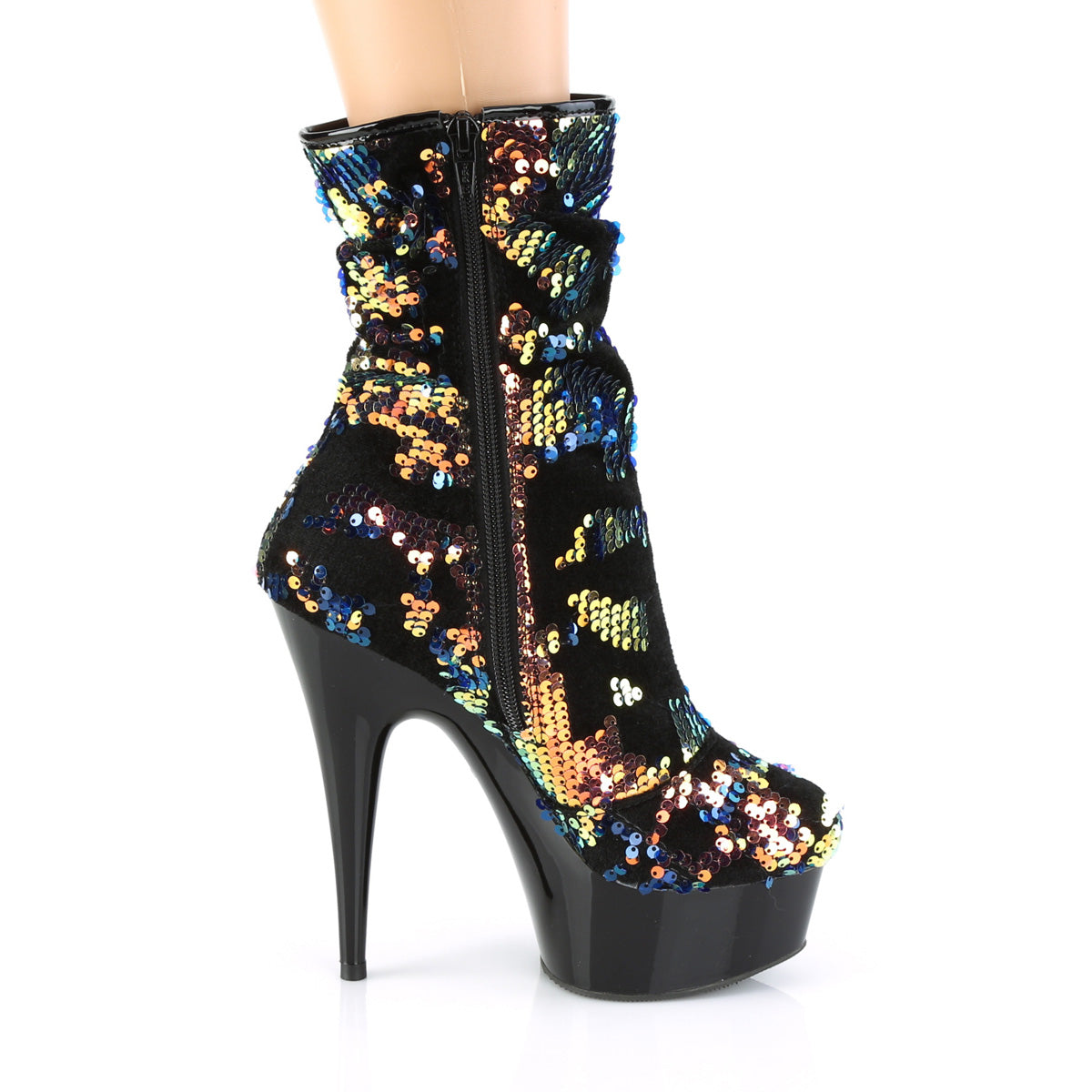 Pleaser Damen Knöchelstiefel DELIGHT-1004 Blaue irisierende Pailletten / BLK