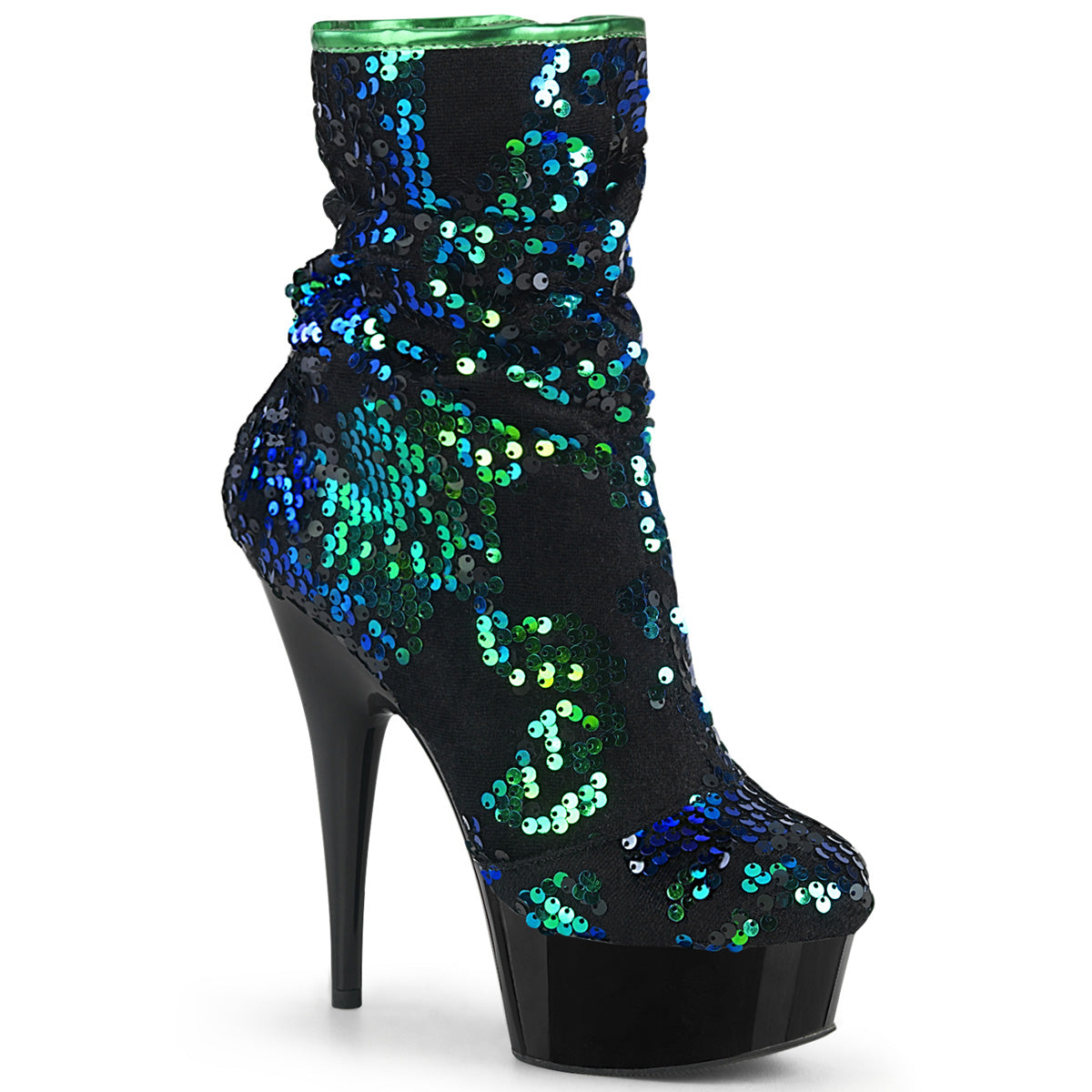 Pleaser Damen Knöchelstiefel DELIGHT-1004 Grüne irisierende Pailletten / BLK