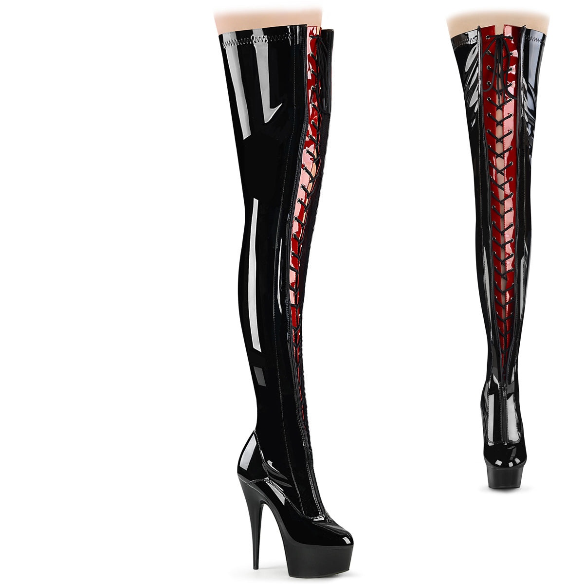 Pleaser Stiefel DELIGHT-3027 BLK-Red Str. Pat / BLK.