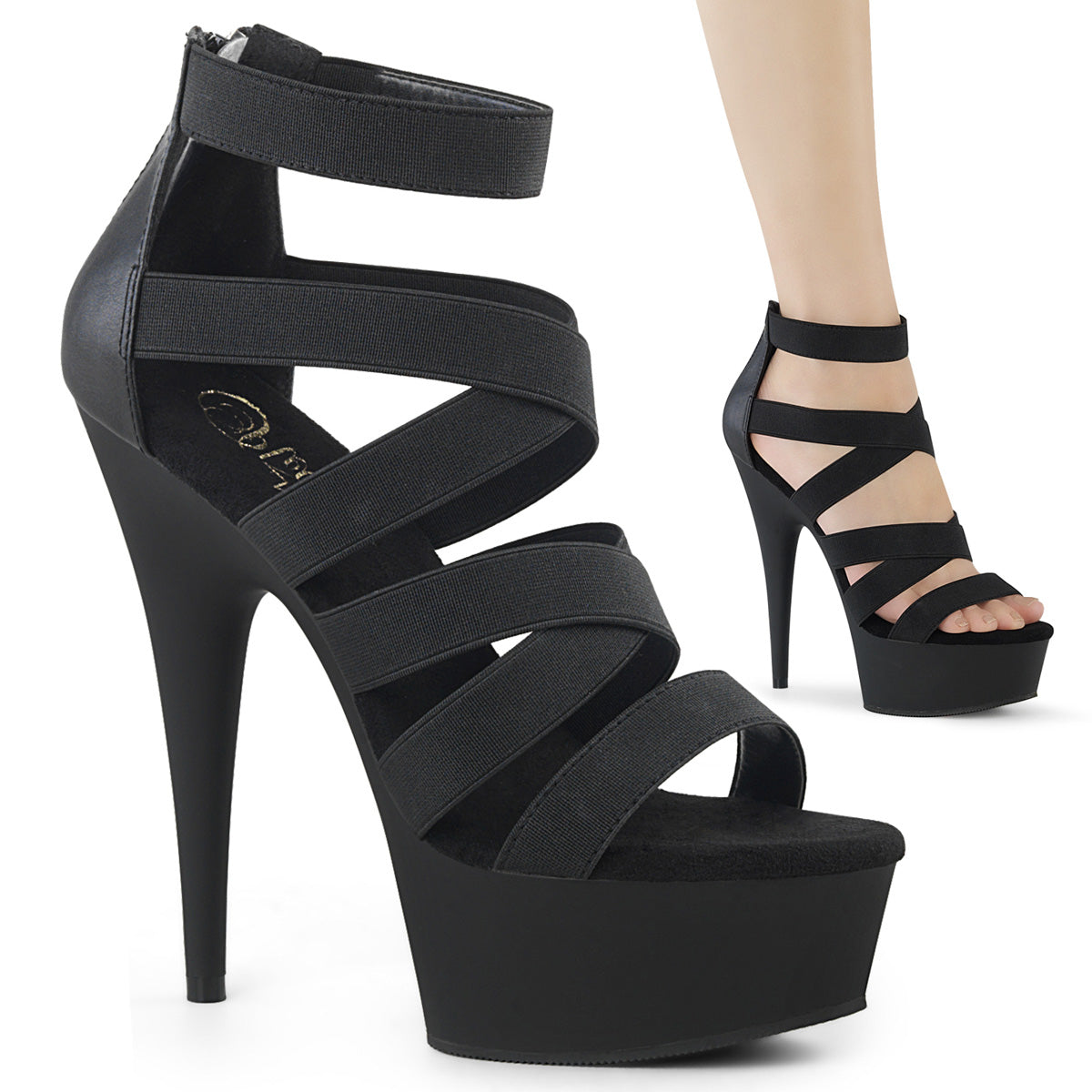 Pleaser Damen Sandalen DELIGHT-659 BLK elastisches Band-Faux-Leder / BLK Matte