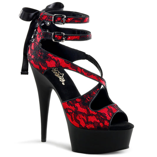 Pleaser Damen Sandalen DELIGHT-678LC Red Satin-Lace / BLK Matte
