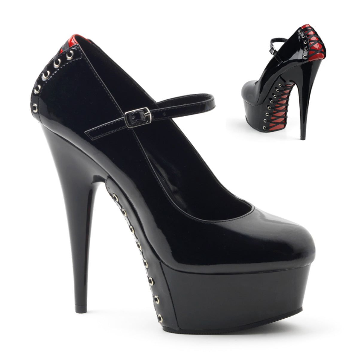 Pleaser Damen Sandalen DELIGHT-687FH BLK-Red Pat / BLK