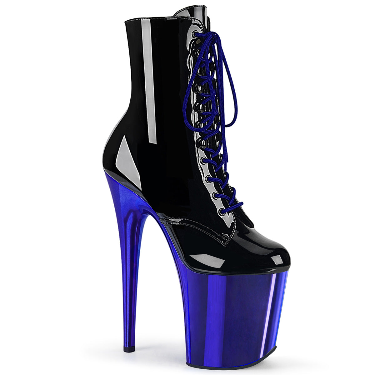 Pleaser Damen Knöchelstiefel FLAMINGO-1020 BLK Pat / Royal Blue Chrome