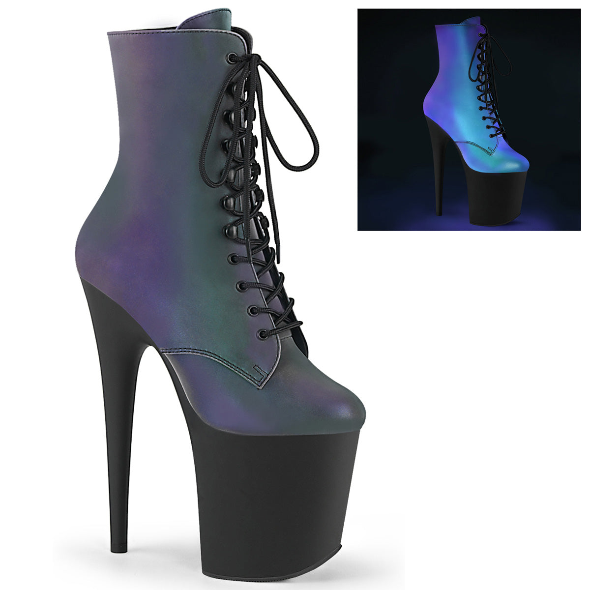 Pleaser Damen Knöchelstiefel FLAMINGO-1020REFL grün Multi Reflective / BLK Matt