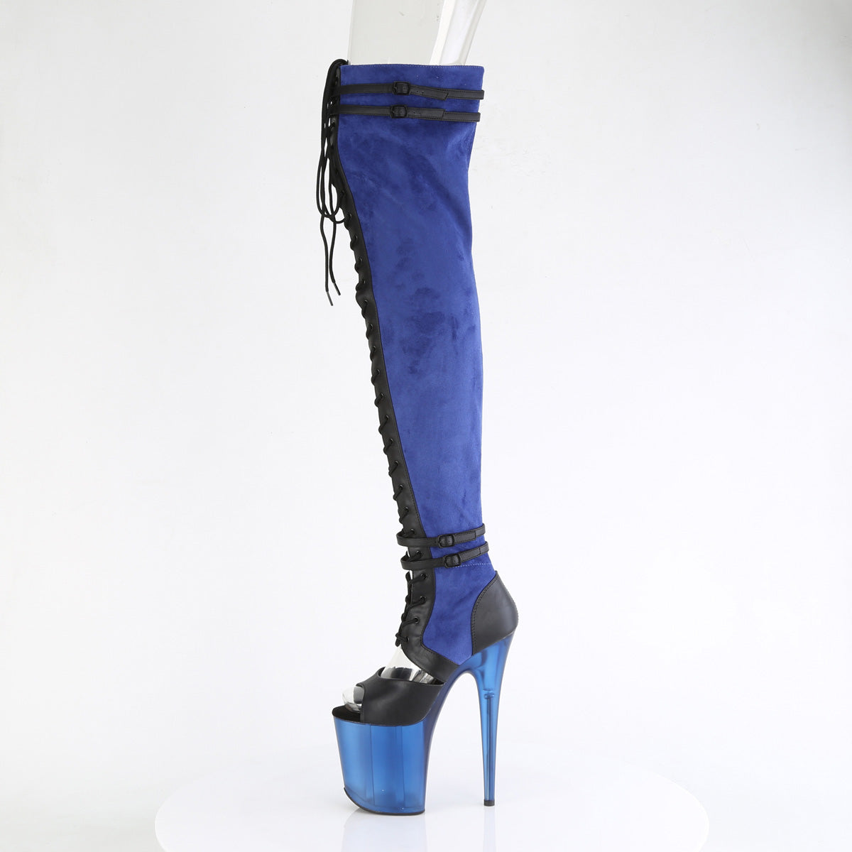 Pleaser Boots FLAMINGO-3027 Blue Faux Suede-Blk Faux Leather/Frosted Blue