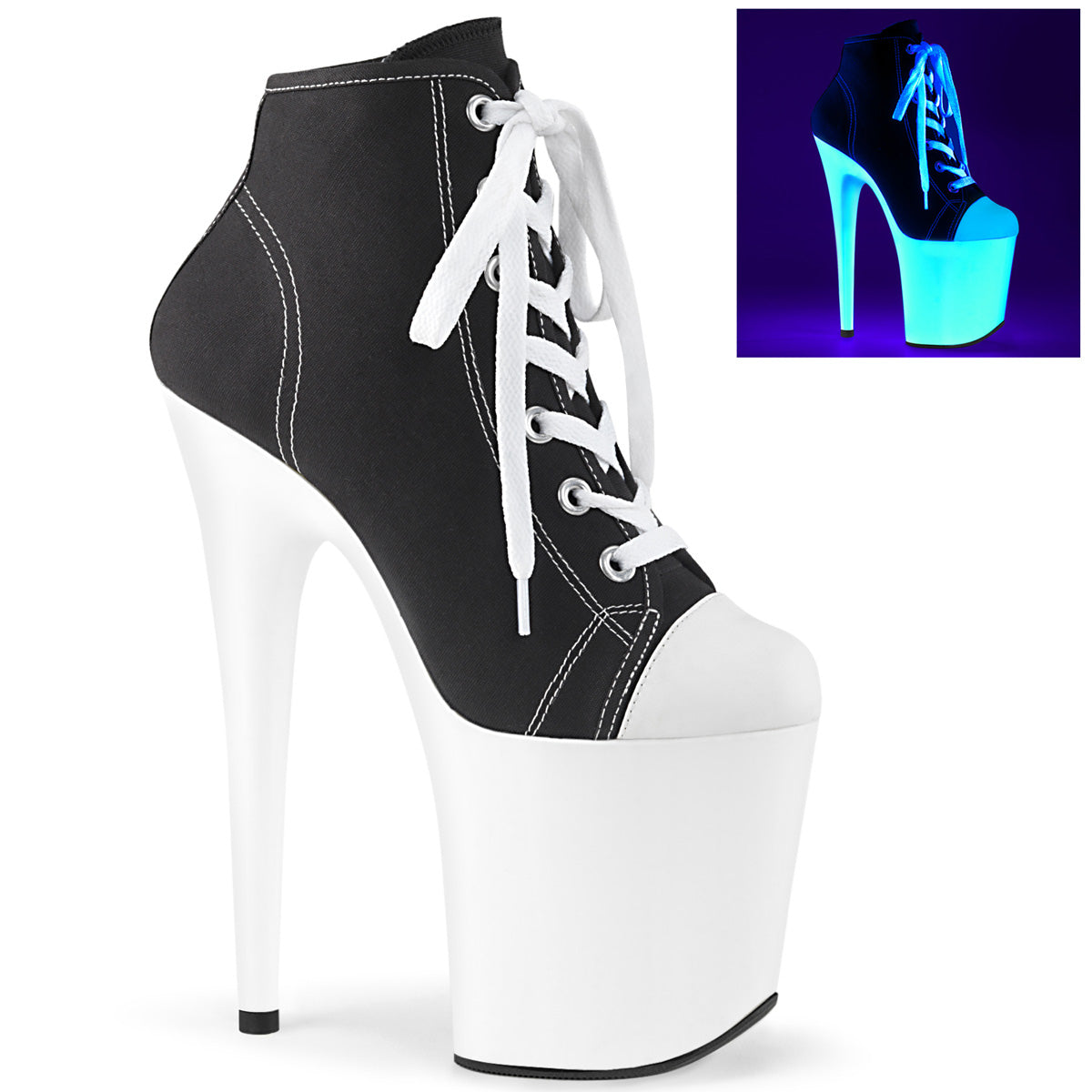 Pleaser Damen Knöchelstiefel FLAMINGO-800SK-02 BLK-Leinwand / Neonweiß