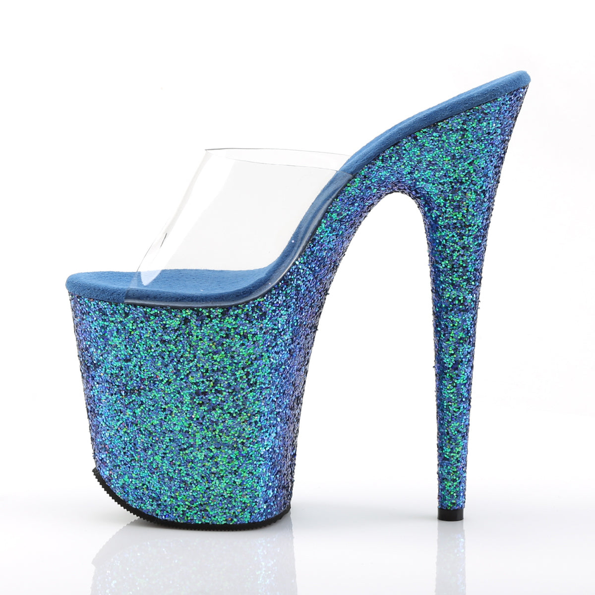 Pleaser Damen Sandalen FLAMINGO-801lg CLR / Blue Holo-Glitzer