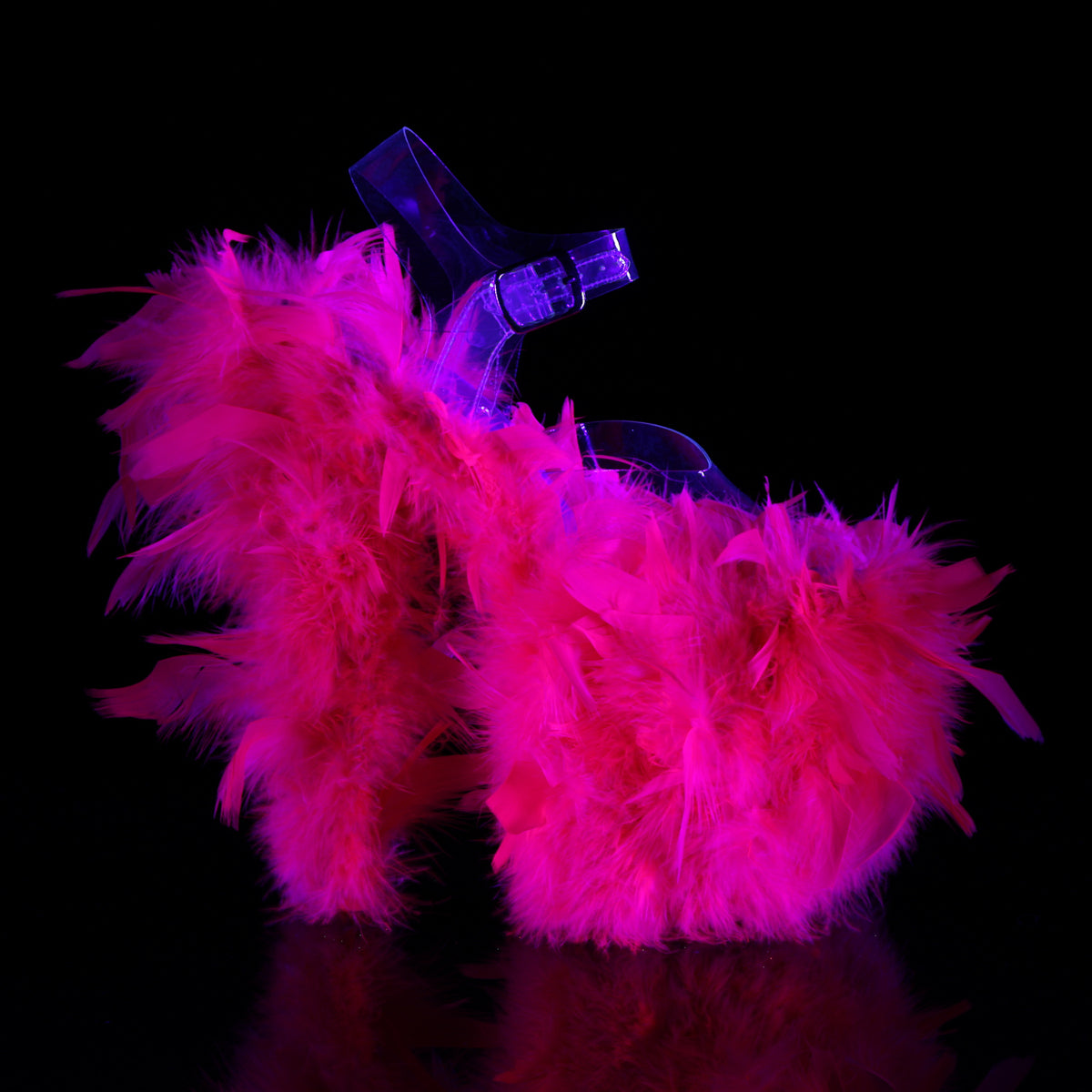 Pleaser Womens Sandals FLAMINGO-808F Clr/Neon H. Pink Marabou Feather