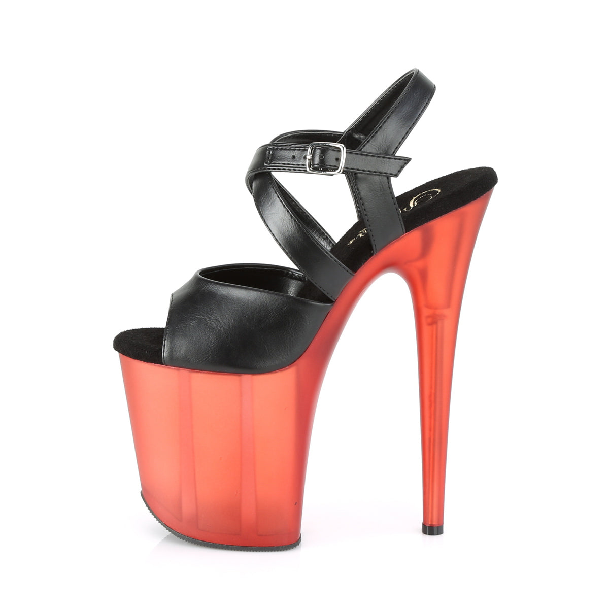 Pleaser Womens Sandals FLAMINGO-822T Blk Faux Leather/Frosted Red
