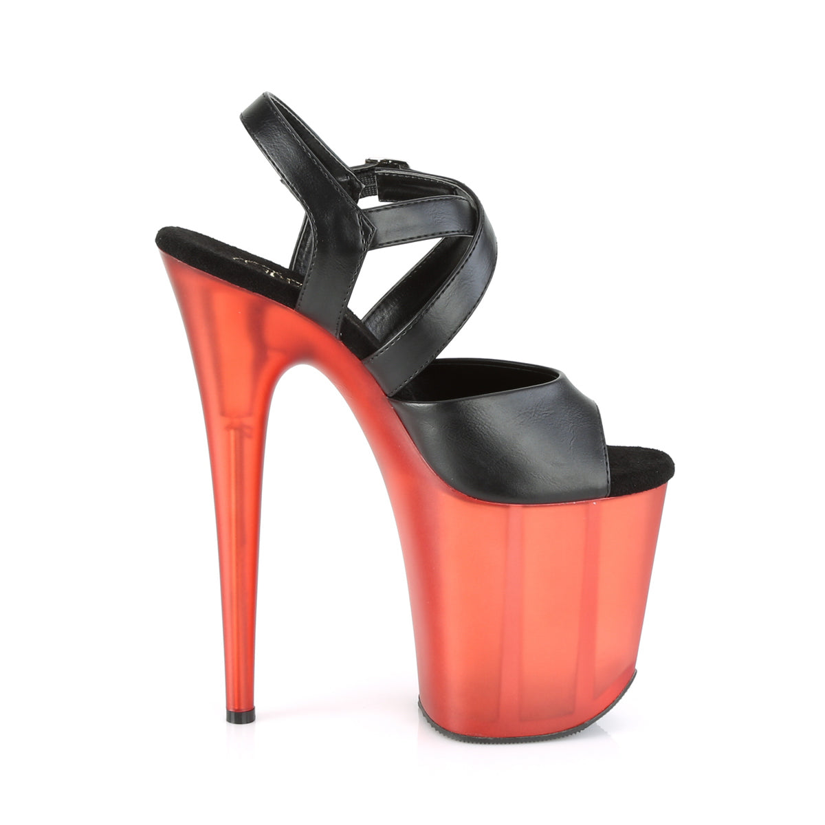 Pleaser Womens Sandals FLAMINGO-822T Blk Faux Leather/Frosted Red