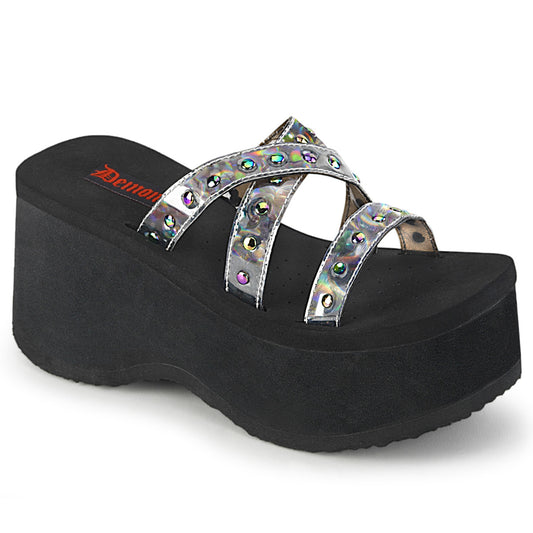 DemoniaCult Frauen Sandalen FUNN-19 BLK Oil Flick Hologramm