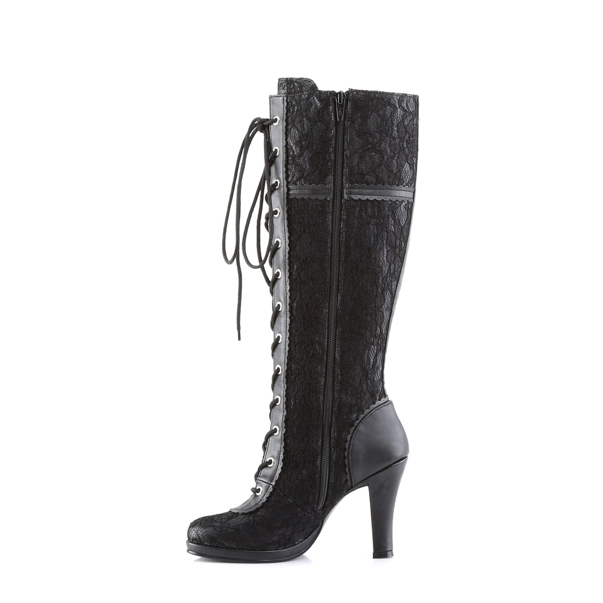 DemoniaCult Frauenstiefel GLAM-240 schwarzer veganer Leder-Schwarz-Spitzenüberlagerungen