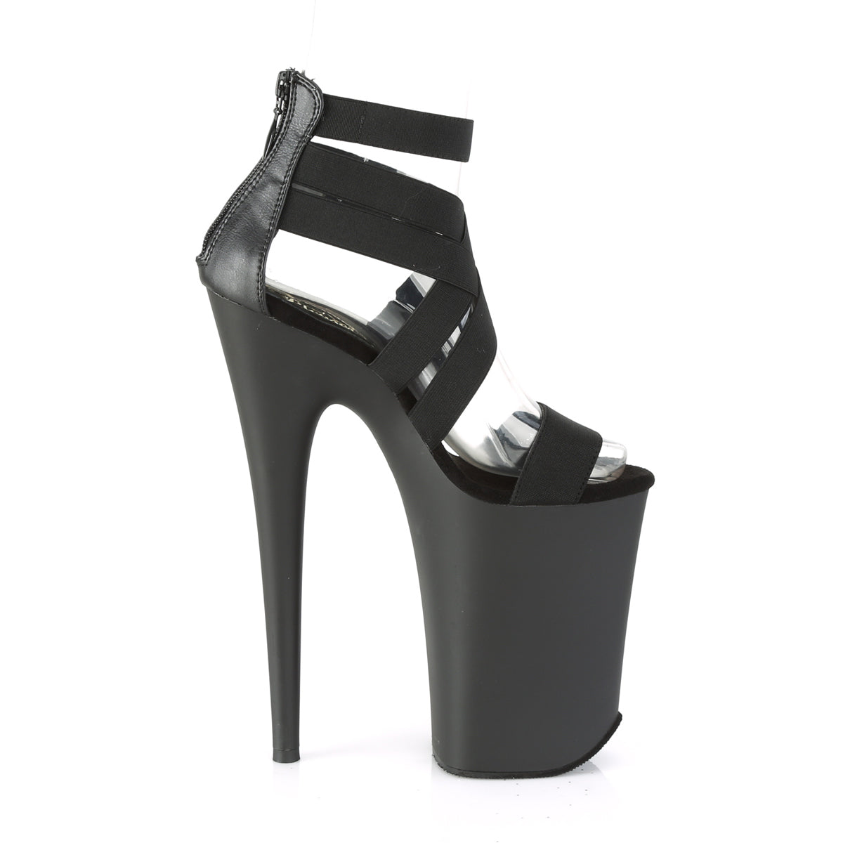 Pleaser Damen Sandalen INFINITY-969 BLK-elastisches Band-Faux-Leder / BLK-Materie