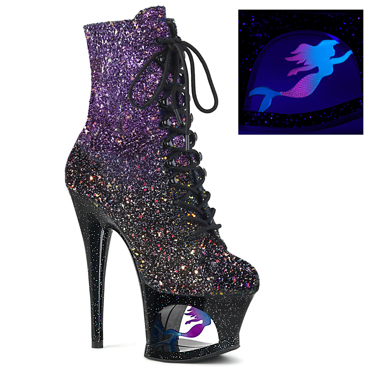 Pleaser Womens Ankle Boots MOON-1020MER Purple-Blk Ombre Glitter/Blk