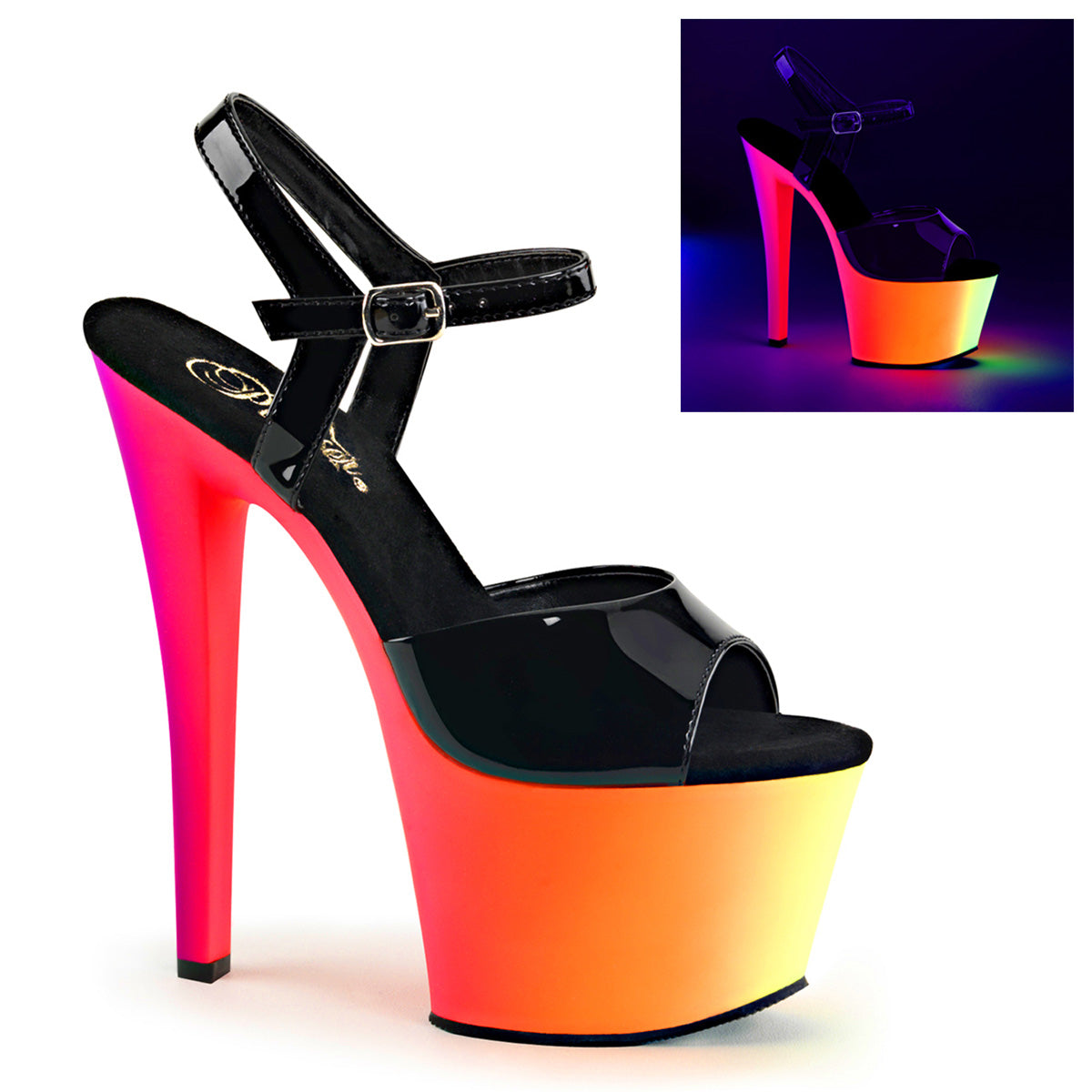 Pleaser Damen Sandalen RAINBOW-309UV BLK Pat / Neon Multi