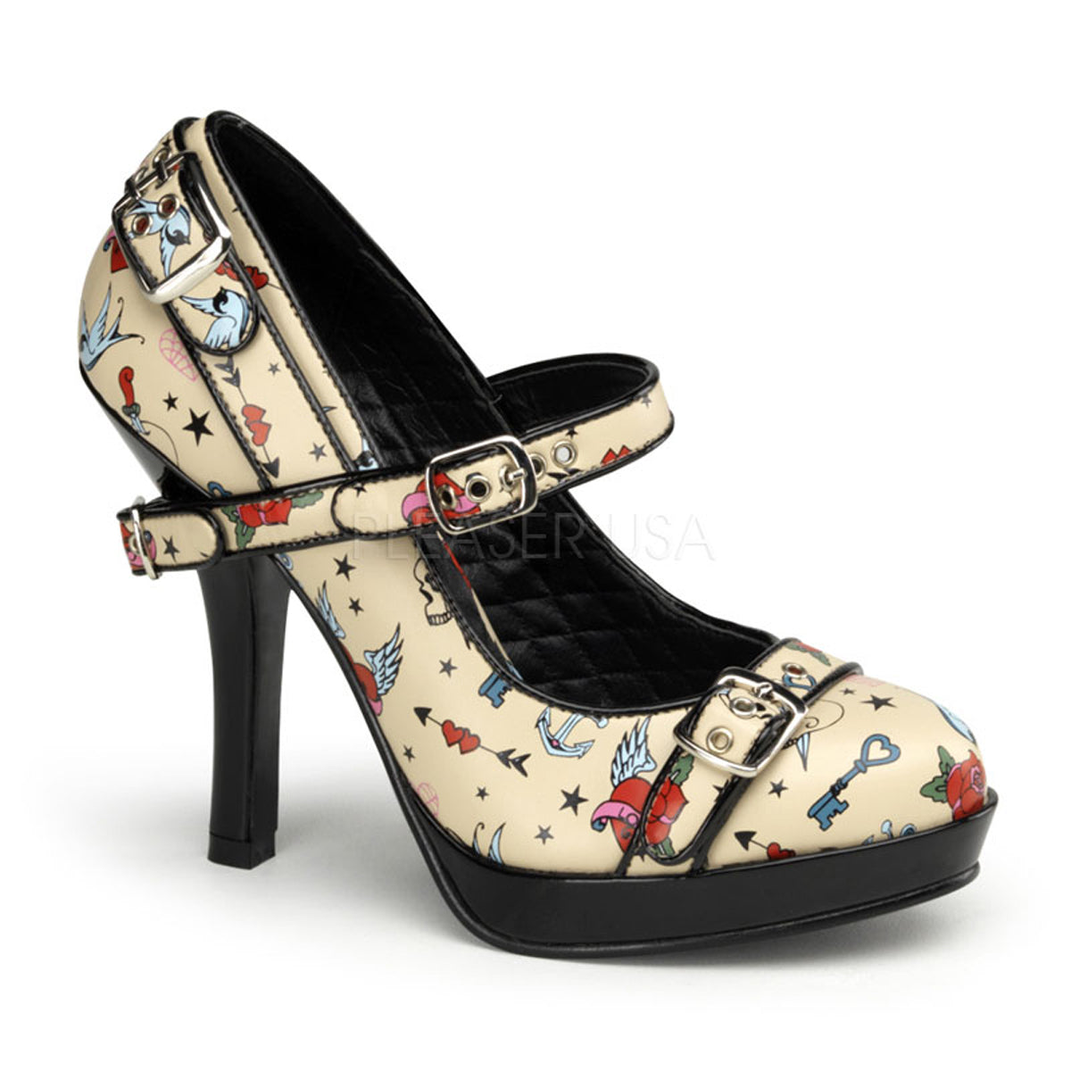 Pin Up Couture Womens Pumps SECRET-14 Cream Pu (Tattoo Print)