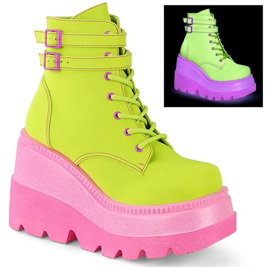 DemoniaCult Frauenstiefel SHAKER-52 Lime Reflektierende vegane Leder/Rosa
