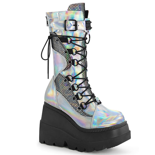 DemoniaCult Frauenstiefel SHAKER-70 Silver Holo. Veganer Leder-BLK-Fischnett