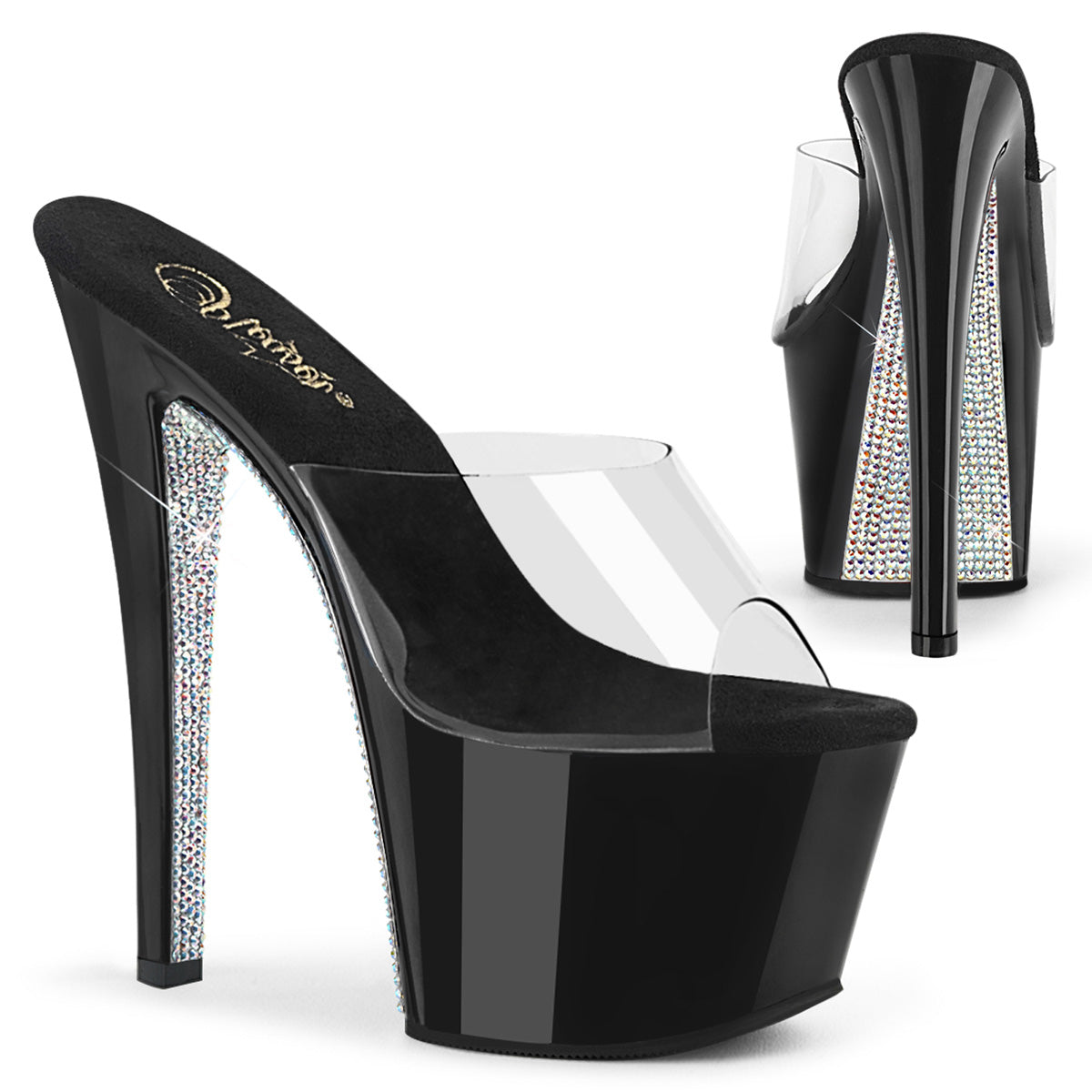 Pleaser Damen Sandalen SKY-301crs CLR / BLK-SLV AB Rhinestone