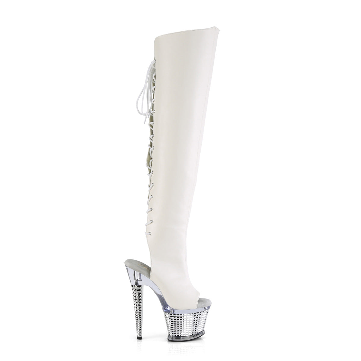 Pleaser Stiefel SPECTATOR-3019 WHT FAUX-Leder / CLR-SLV-Chrom