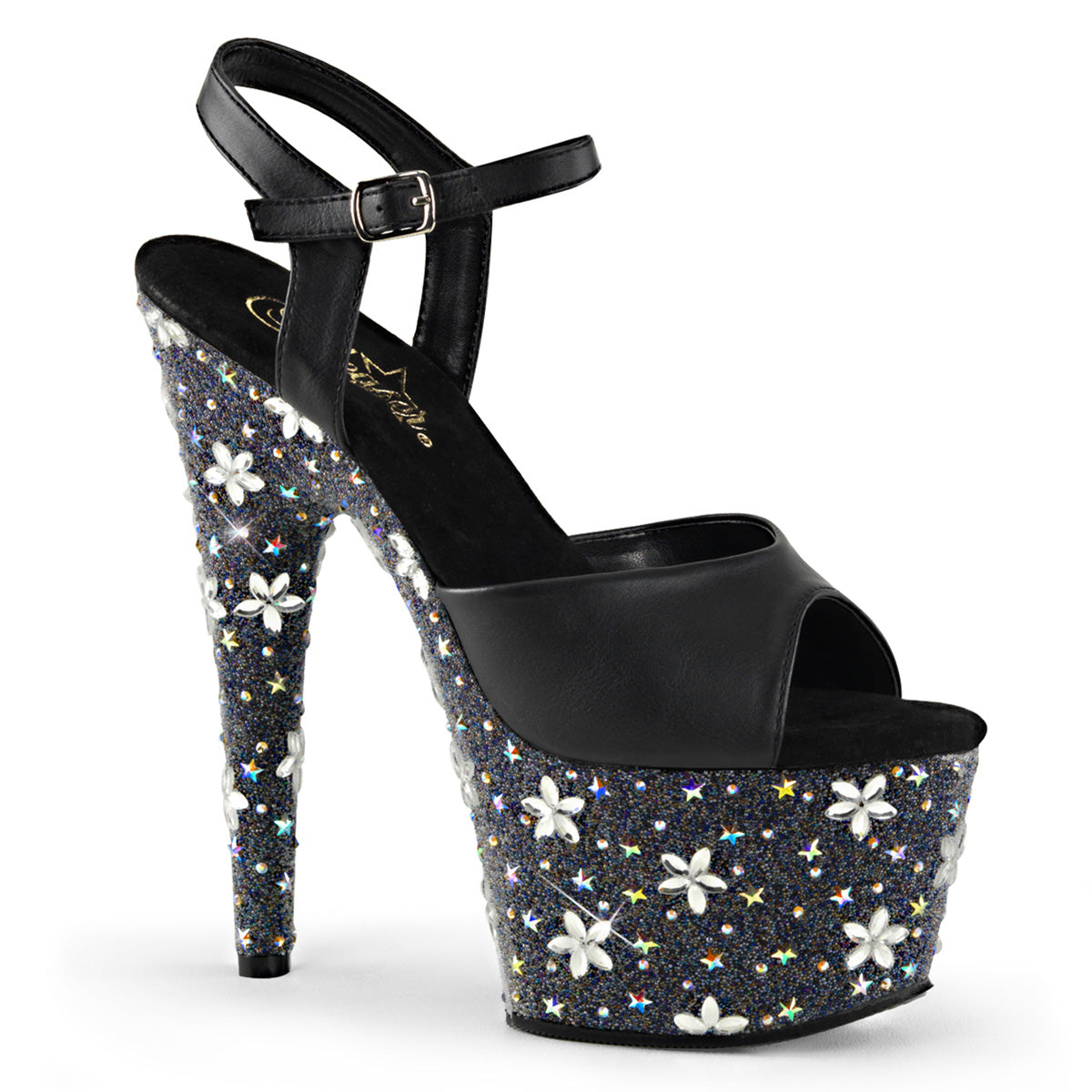 Pleaser Damen Sandalen STARBLOOM-709 BLK Faux Leder / BLK-SLV Multi
