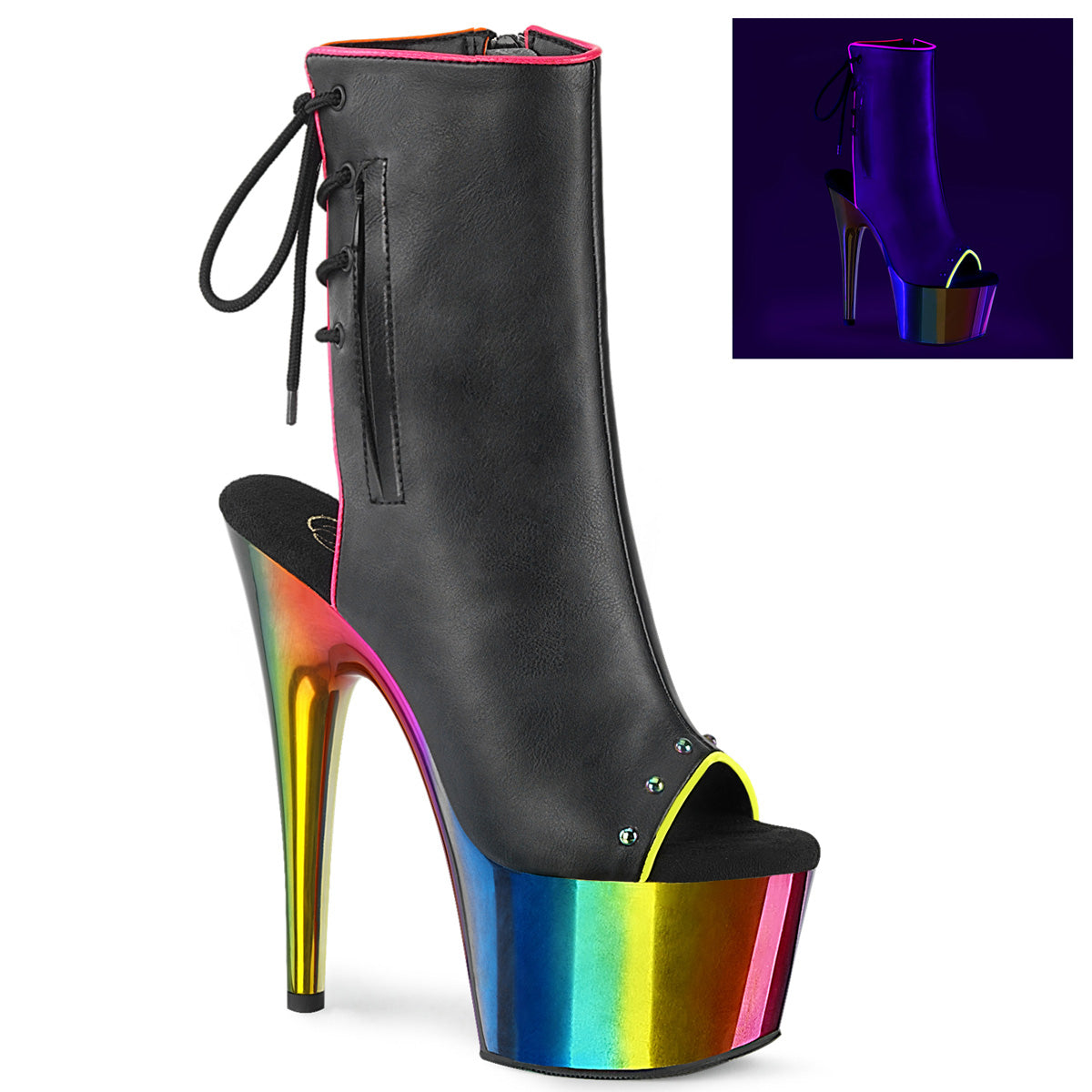 Pleaser Damen Knöchelstiefel ADORE-1018RC-02 BLK Faux Leder /Rainbow Chrom