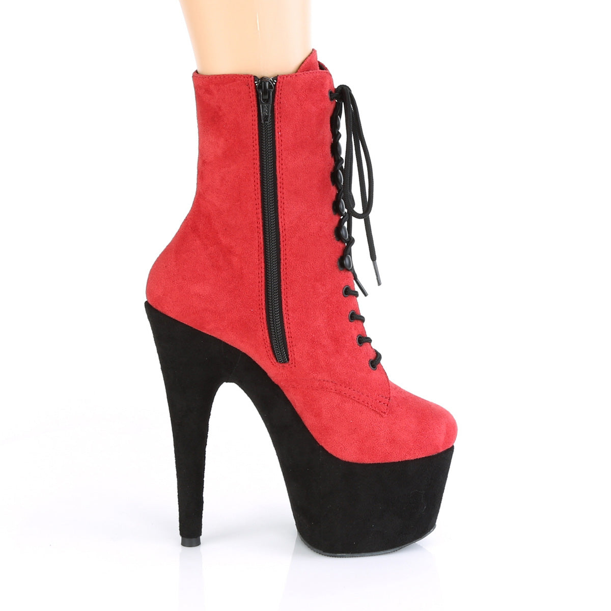 Pleaser Womens Ankle Boots ADORE-1020FSTT Red Faux Suede/Blk Faux Suede