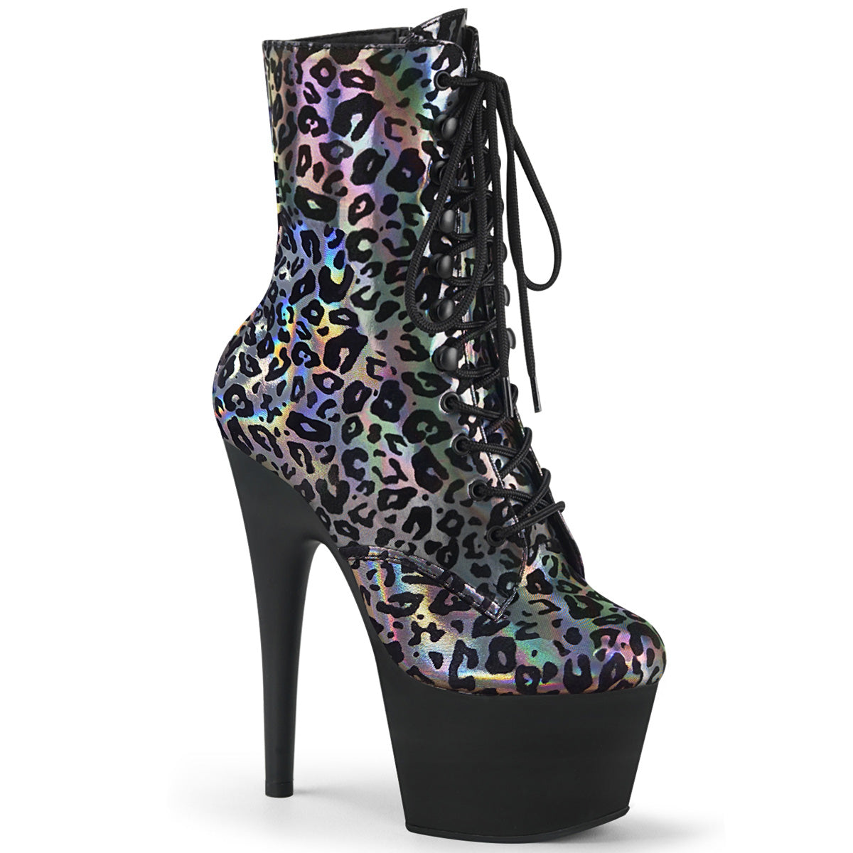 Pleaser Womens Ankle Boots ADORE-1020LP Pewter Leopard Print Holo/Blk Matte